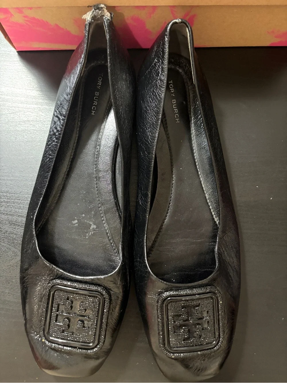 Tory Burch Black Leather Logo Toe Ballet Flats